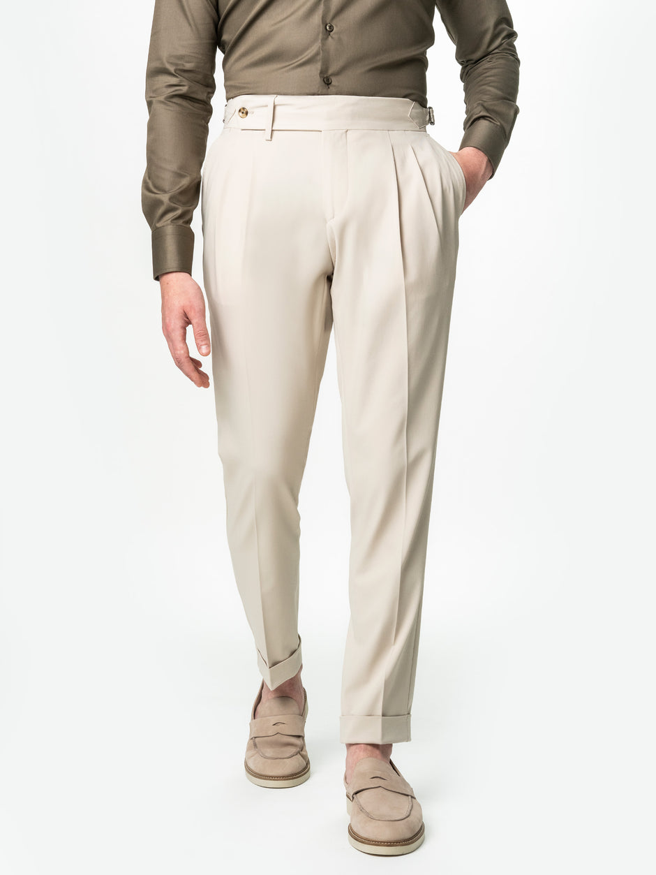Pantaloni Cu Pense Gurkha Barbati Bej Texturat Stofa Confort BMan703 (4)