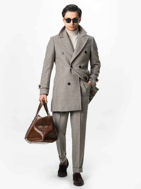 Palton Barbati La Doua Randuri Herringbone Din Lana Maro Cafeniu BMan0007
