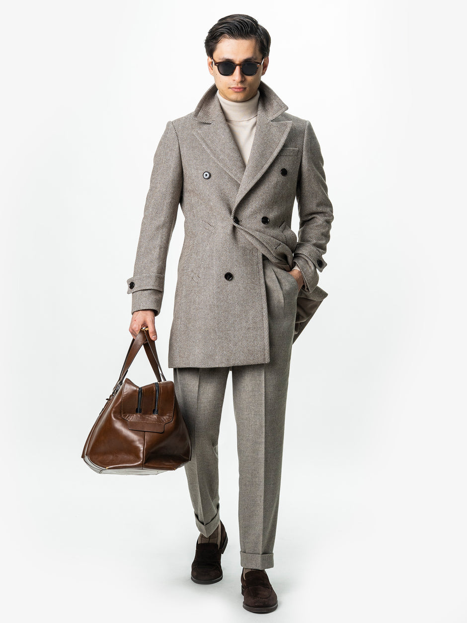 Palton Barbati La Doua Randuri Herringbone Din Lana Maro Cafeniu BMan0007 (1)