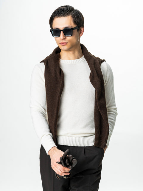 Pulover Barbati Crem Deschis Ecru Toamna Iarna Din 100% Lana Lambswool BMan0032