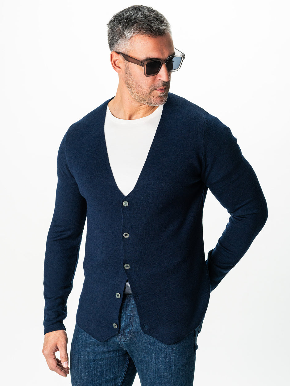 Pulover Bleumarin Barbati Cu Nasturi Tip Cardigan Din Lana Merinos BMan0017 (1)