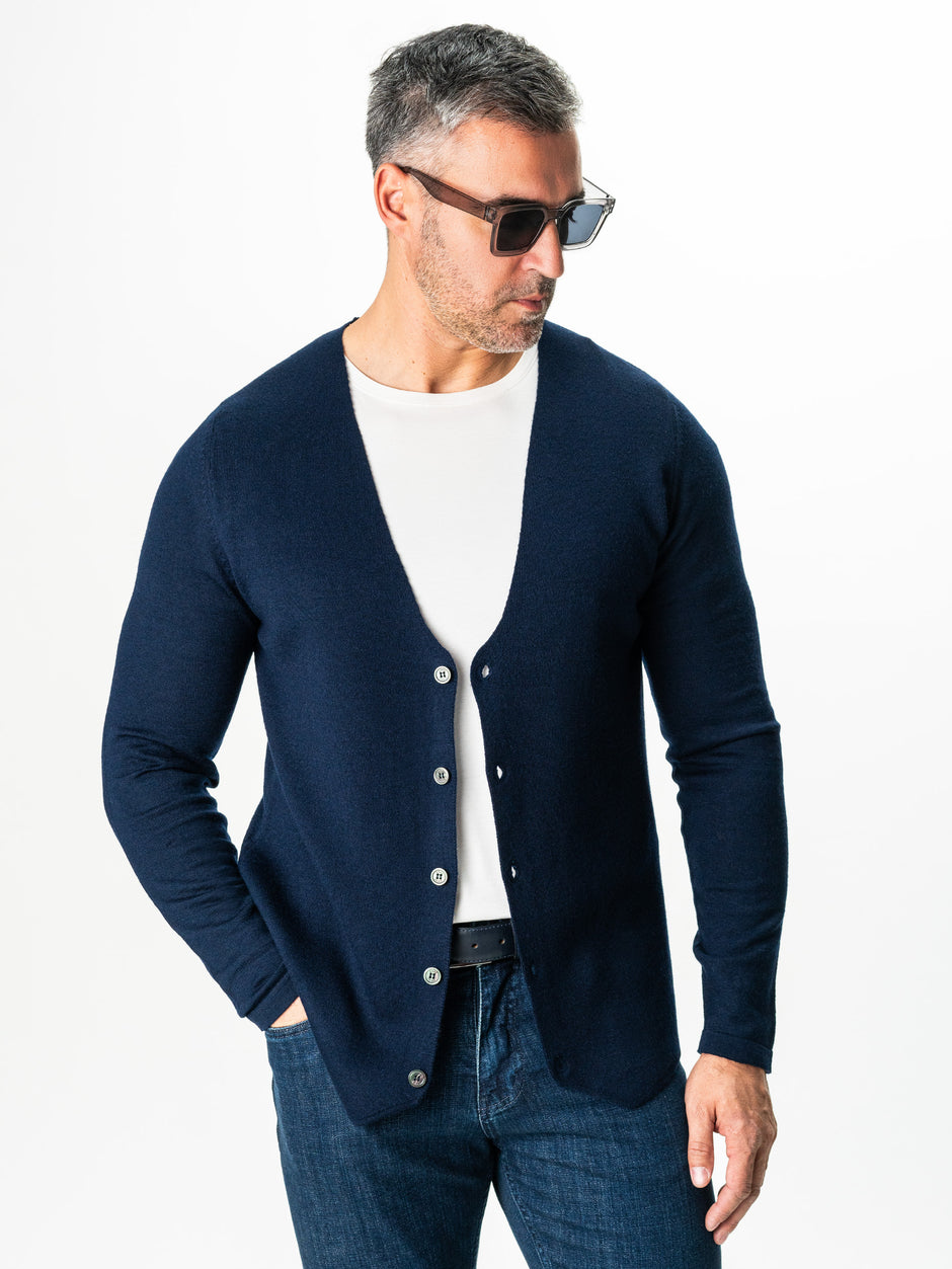 Pulover Bleumarin Barbati Cu Nasturi Tip Cardigan Din Lana Merinos BMan0017 (4)