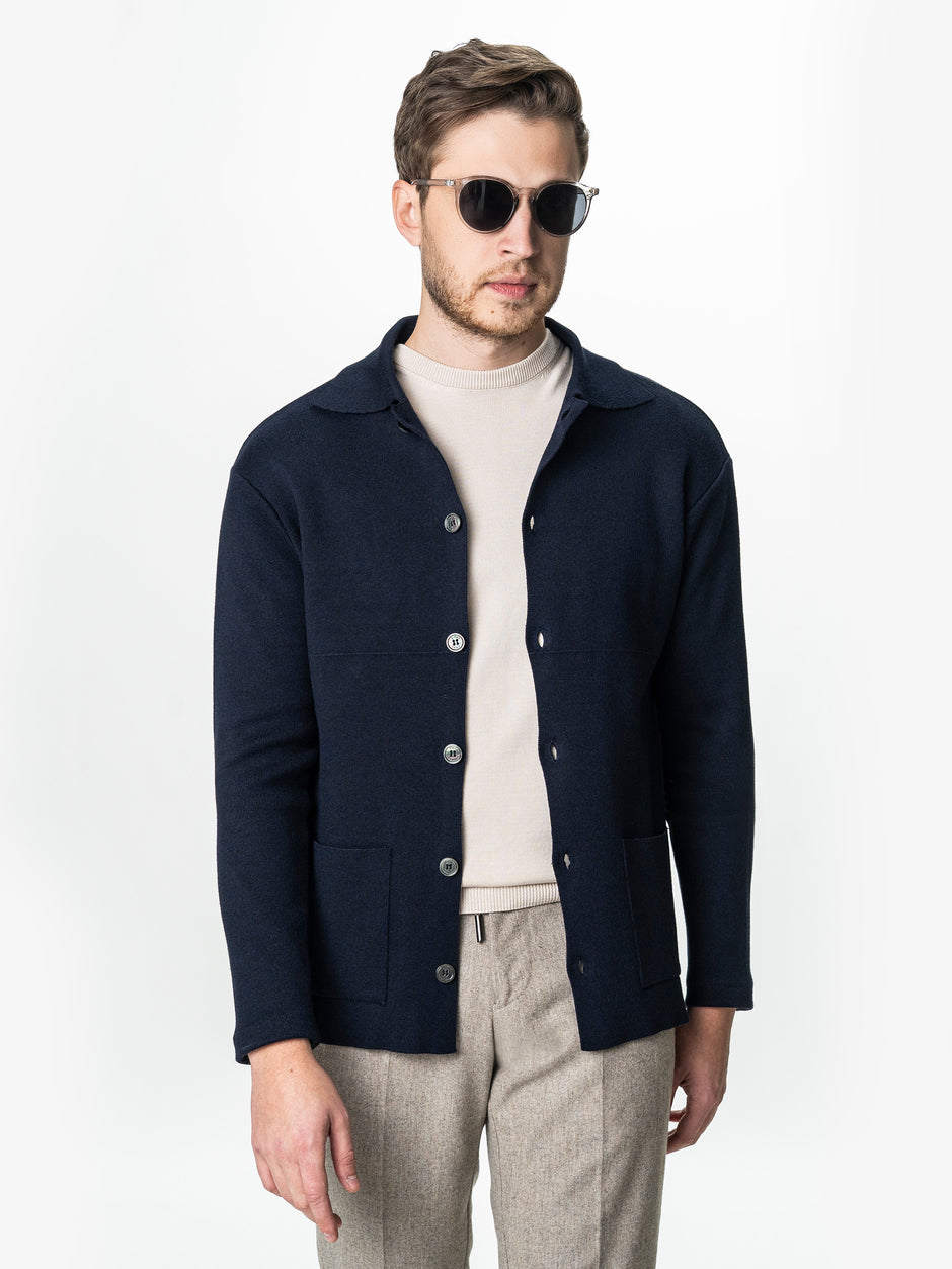 Pulover Bumbac Natural Barbati Bleumarin Tip Jacheta Cu Nasturi BMan0022 (5)