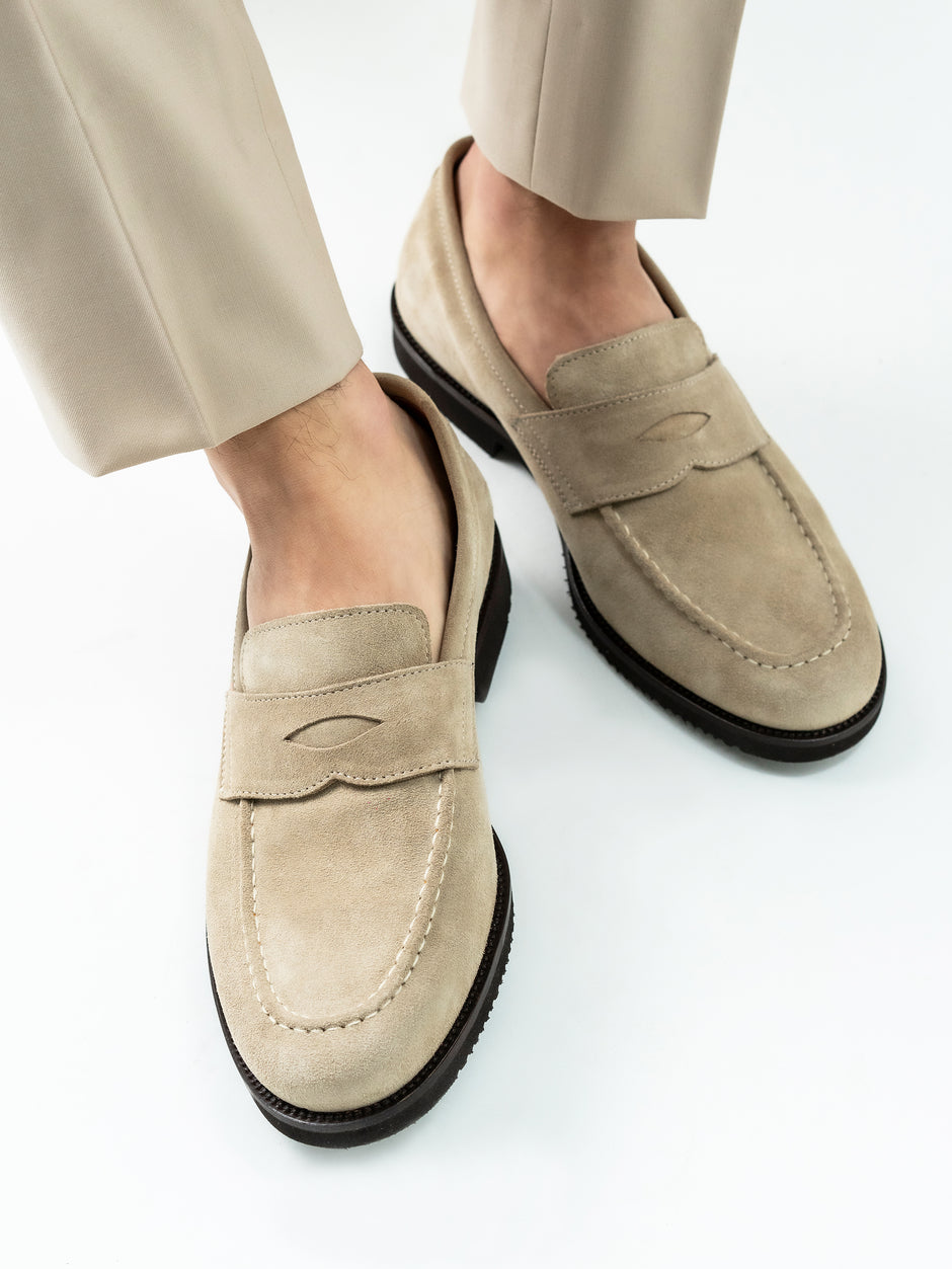 Mocasini Crem Barbati Penny Loafers Din Piele Intoarsa BMan220 (2)