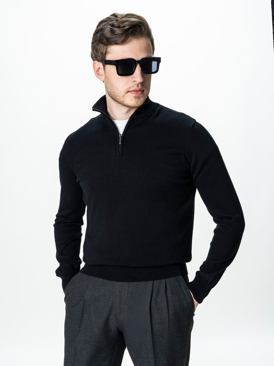 Pulover Cu Fermoar Office Barbati Negru Bumbac Levent Cottone BMan0001 (2)