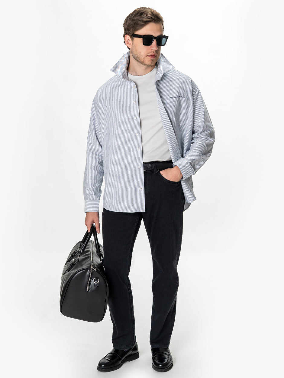 Camasa Alba cu Dungi Bleumarin Barbati Oversized Fit 100% Bumbac BMan0500 (2)