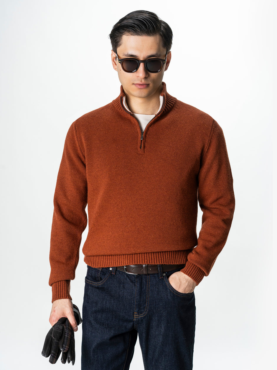 Pulover Caramiziu Barbati 100% Lana Lambswool Cu Fermoar BMan0027 (4)