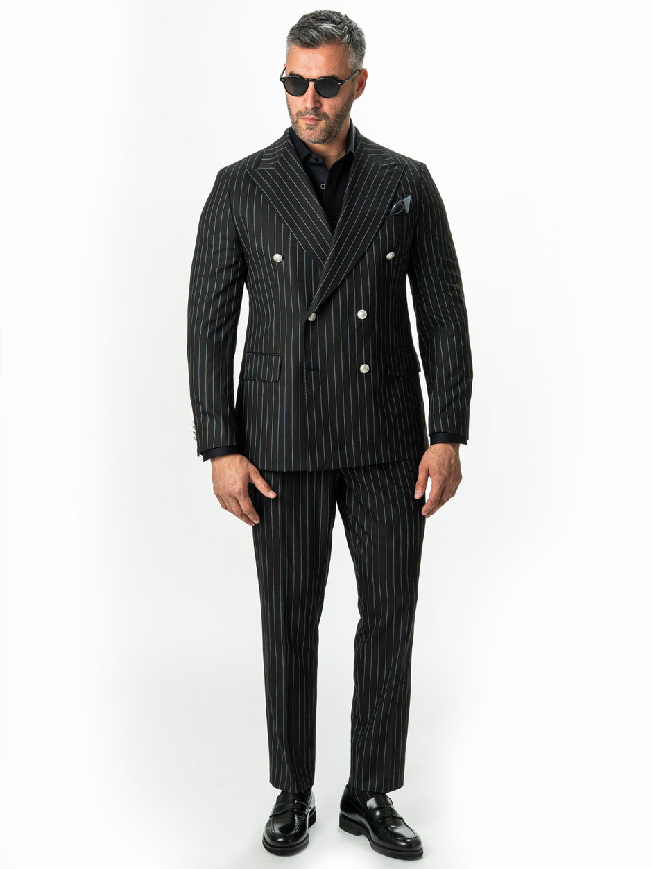 Costum Barbati Negru Elegant In Dungi  Doua Randuri BMan0022 (2)