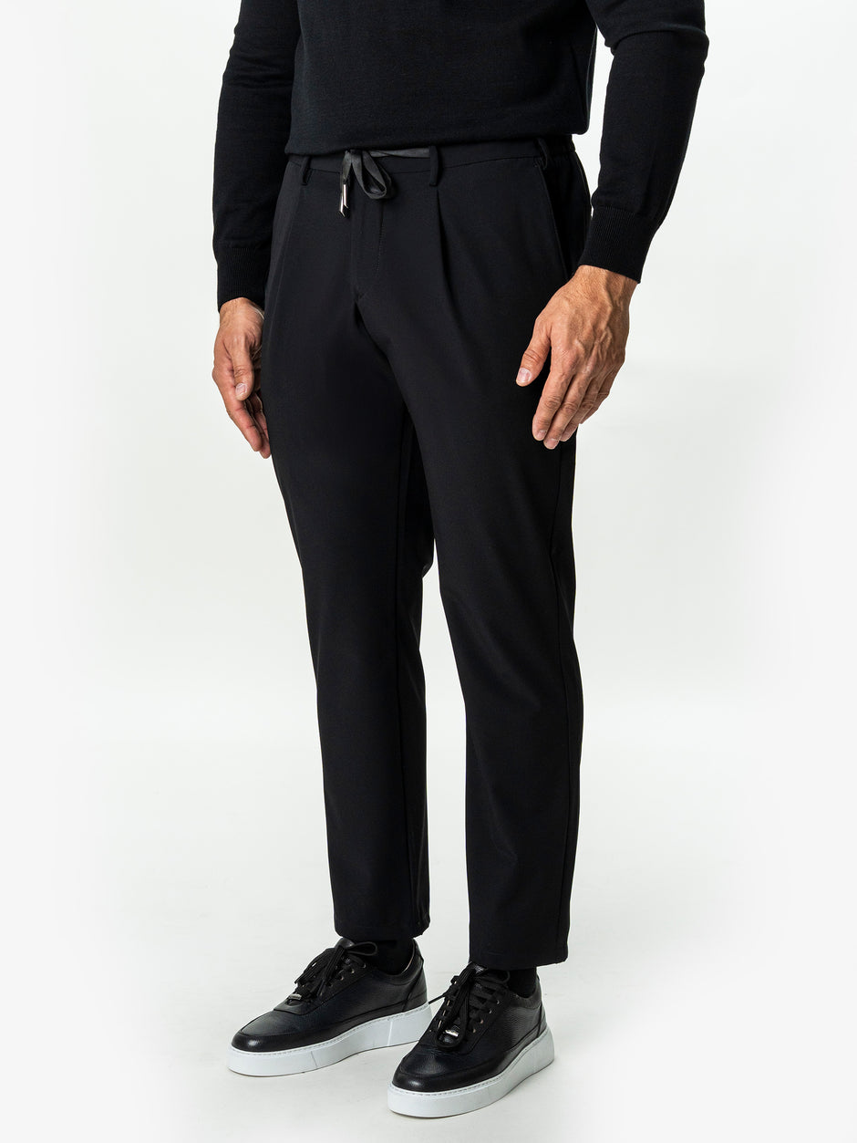 Pantaloni Casual Barbati Negri Din Spandex Cu Snur BMan0102 (4)