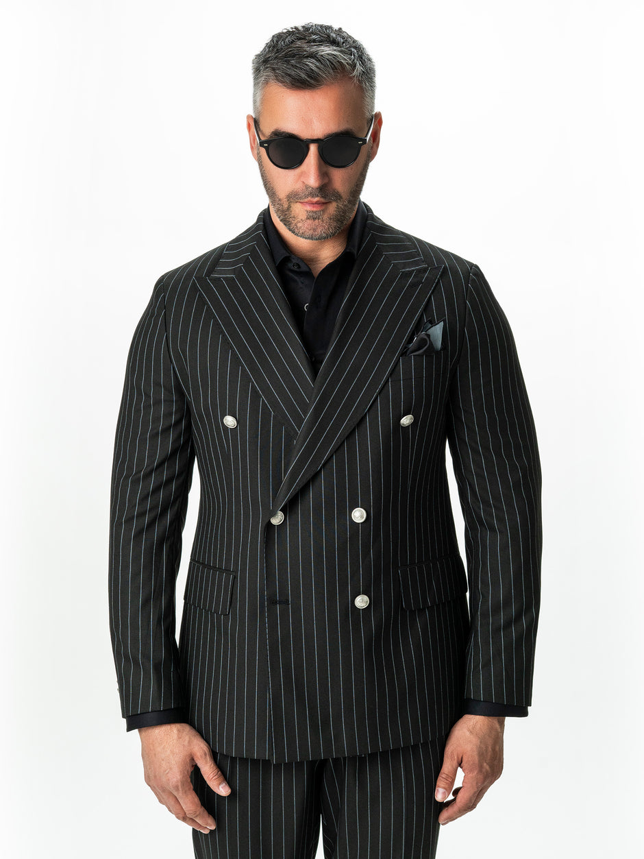 Costum Barbati Negru Elegant In Dungi  Doua Randuri BMan0022 (11)
