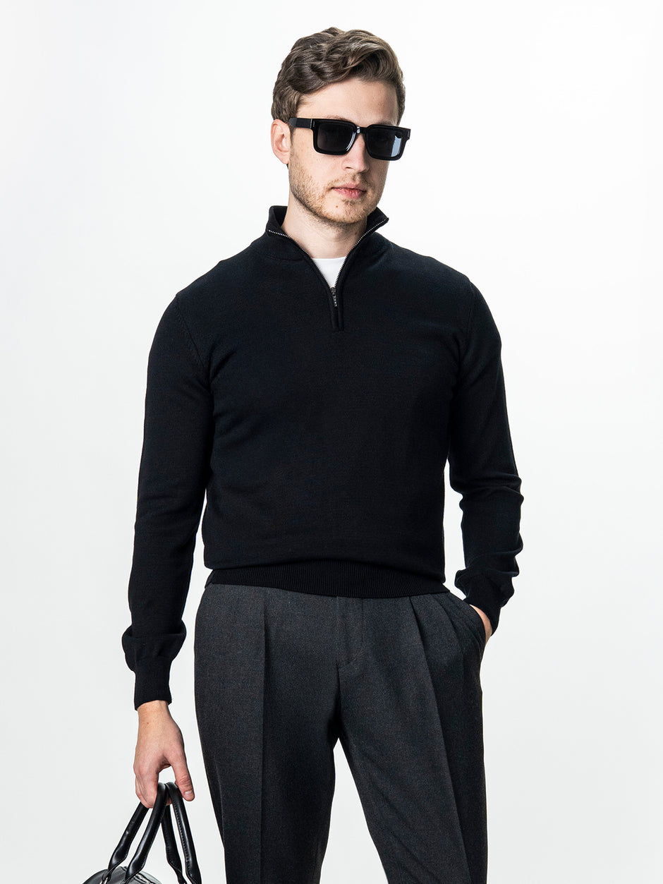 Pulover Cu Fermoar Office Barbati Negru Bumbac Levent Cottone BMan0001 (4)