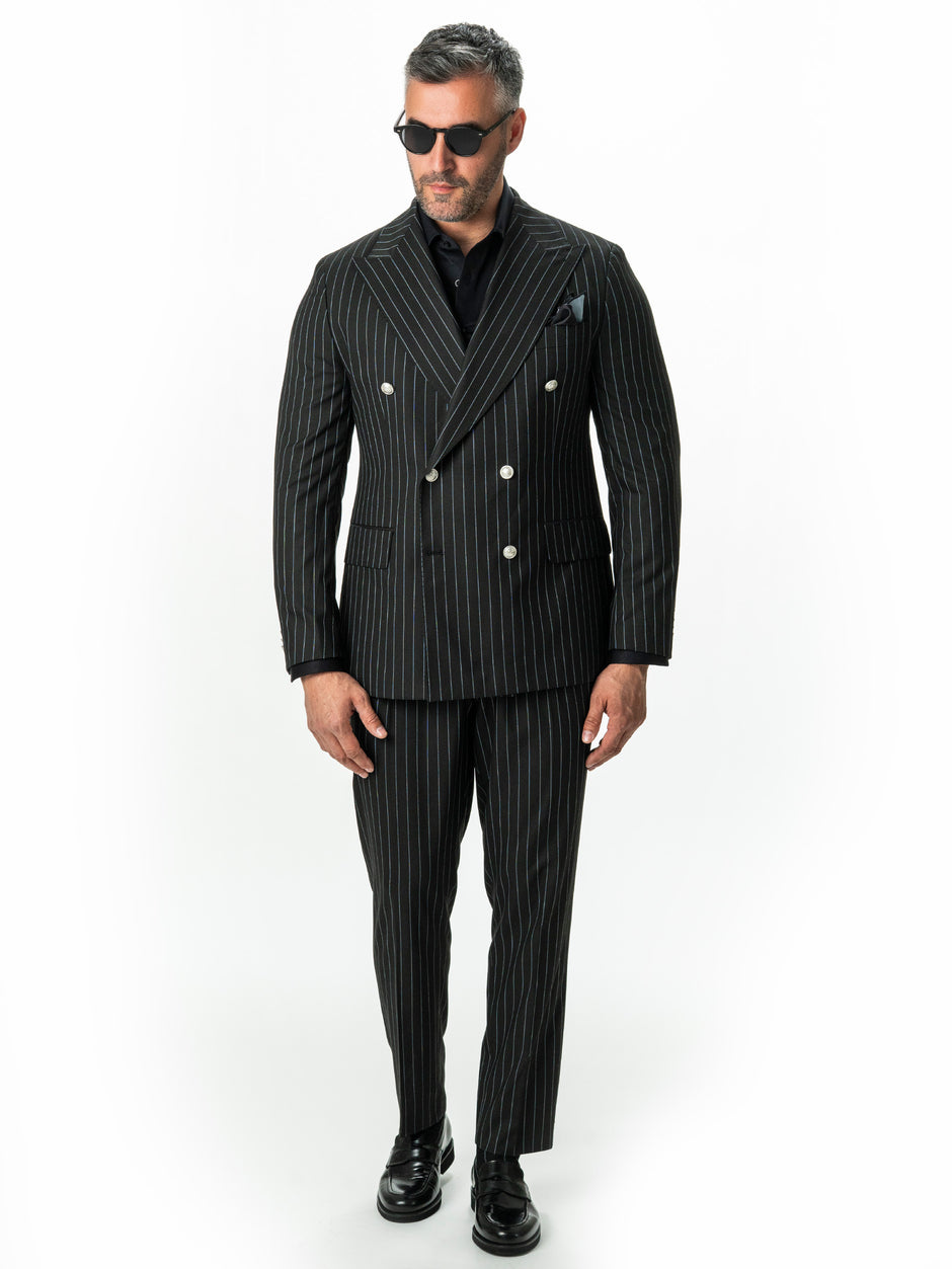 Costum Barbati Negru Elegant In Dungi  Doua Randuri BMan0022 (8)