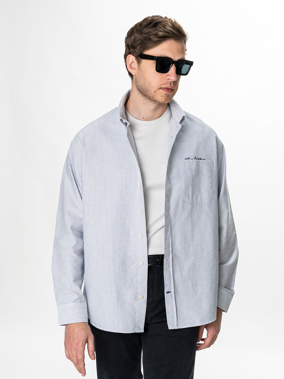 Camasa Alba cu Dungi Bleumarin Barbati Oversized Fit 100% Bumbac BMan0500 (3)