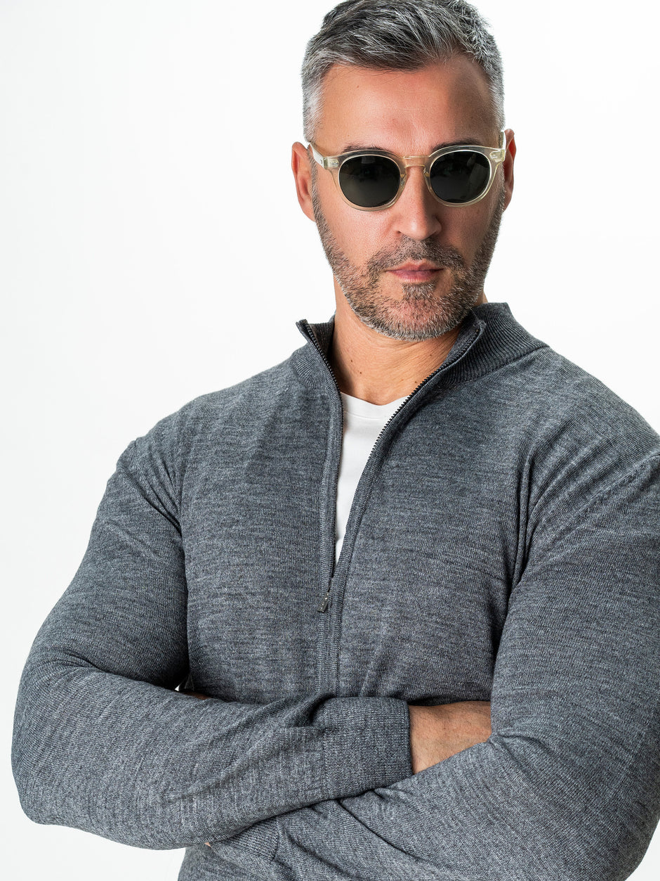 Pulover Cu Fermoar Lung Barbati Gri Din Lana Merinos Falco BMan0005 (1)