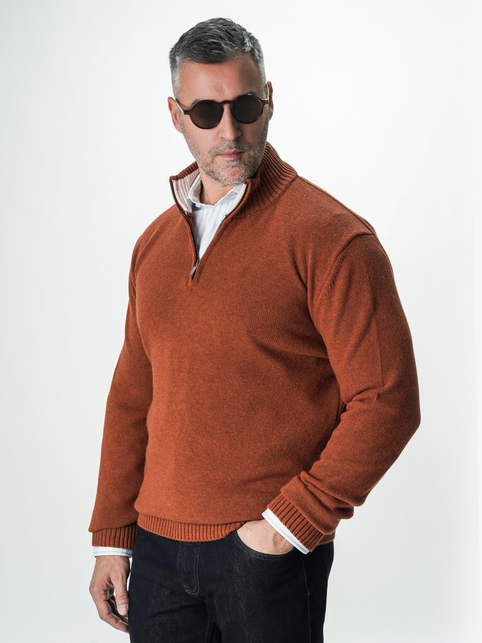 Pulover Caramiziu Barbati 100% Lana Lambswool Cu Fermoar BMan0027 (3)