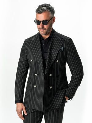 Costum Barbati Negru Elegant In Dungi  Doua Randuri BMan0022