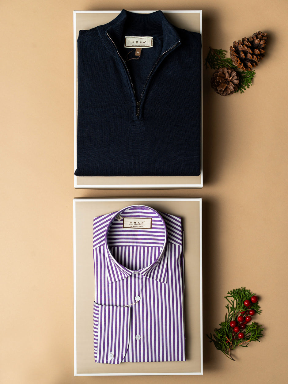Pachet Cadou Barbati Pulover Cu Fermoar Si Camasa Bumbac Bman0007 (2)
