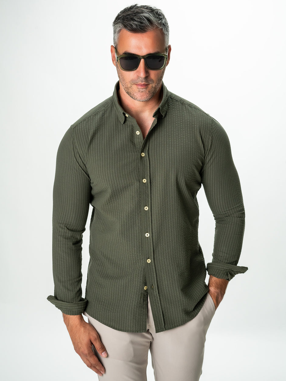 Camasa Bărbați Verde Kaki De Vara Din Bumbac Tip Gofre BMan0050 (1)