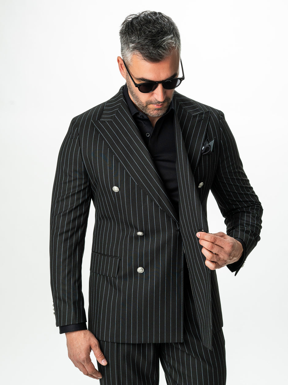 Costum Barbati Negru Elegant In Dungi  Doua Randuri BMan0022 (4)