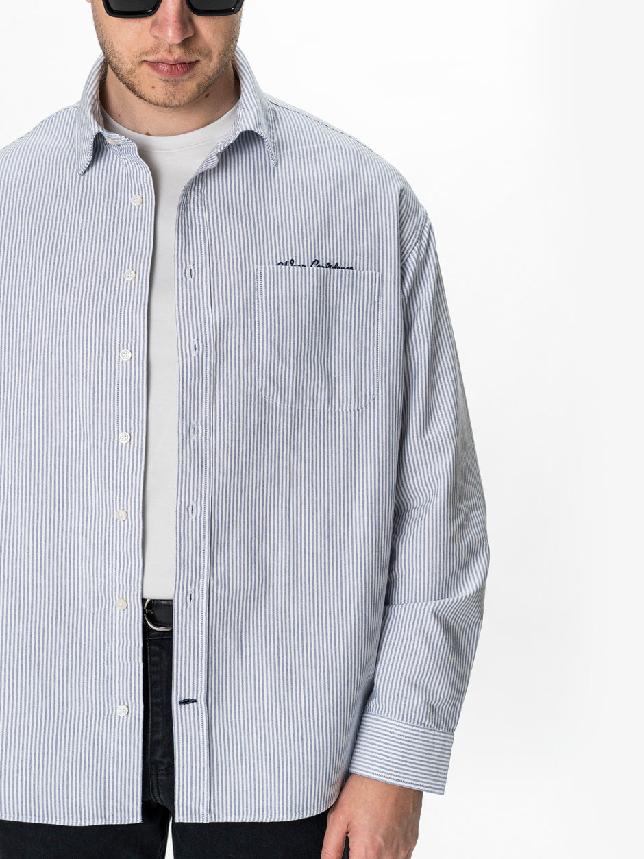 Camasa Alba cu Dungi Bleumarin Barbati Oversized Fit 100% Bumbac BMan0500 (6)