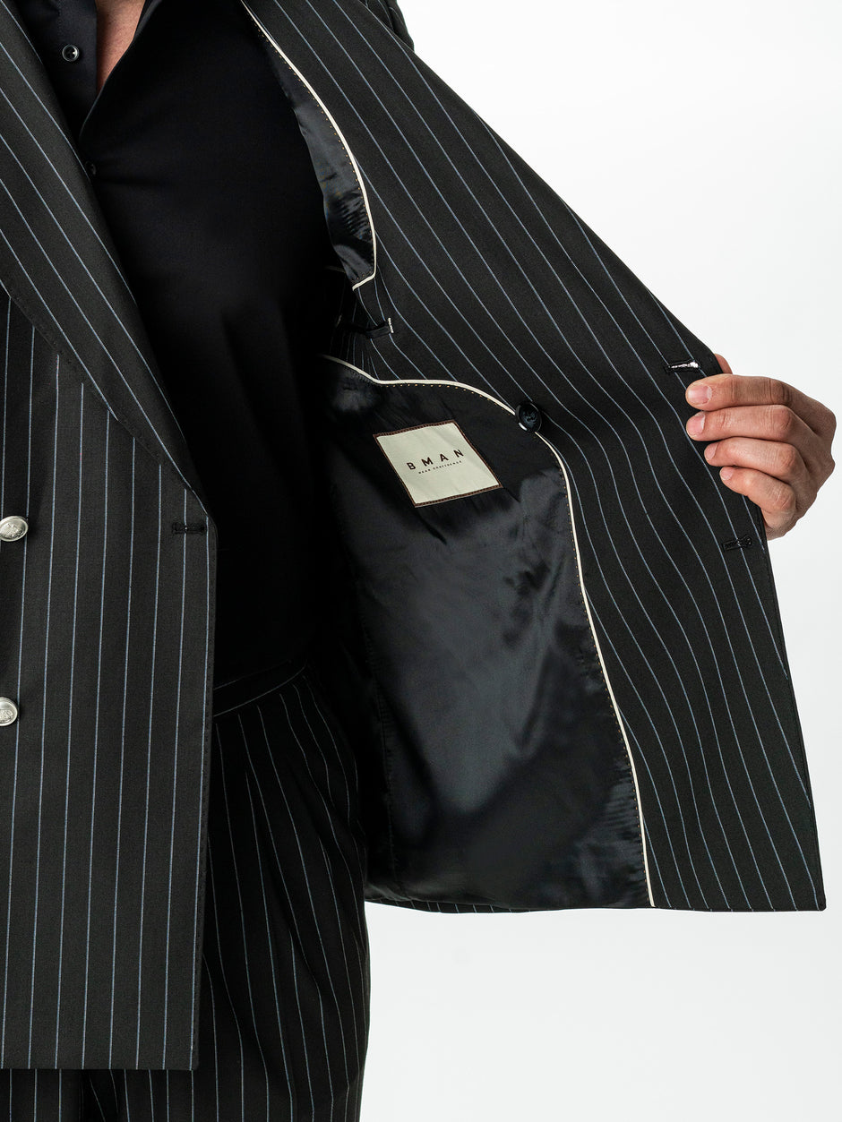 Costum Barbati Negru Elegant In Dungi  Doua Randuri BMan0022 (9)