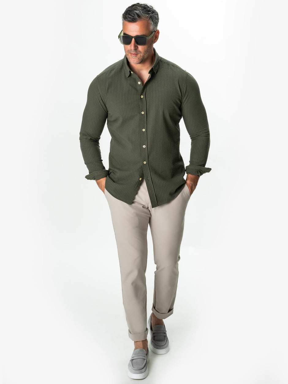 Camasa Bărbați Verde Kaki De Vara Din Bumbac Tip Gofre BMan0050 (4)