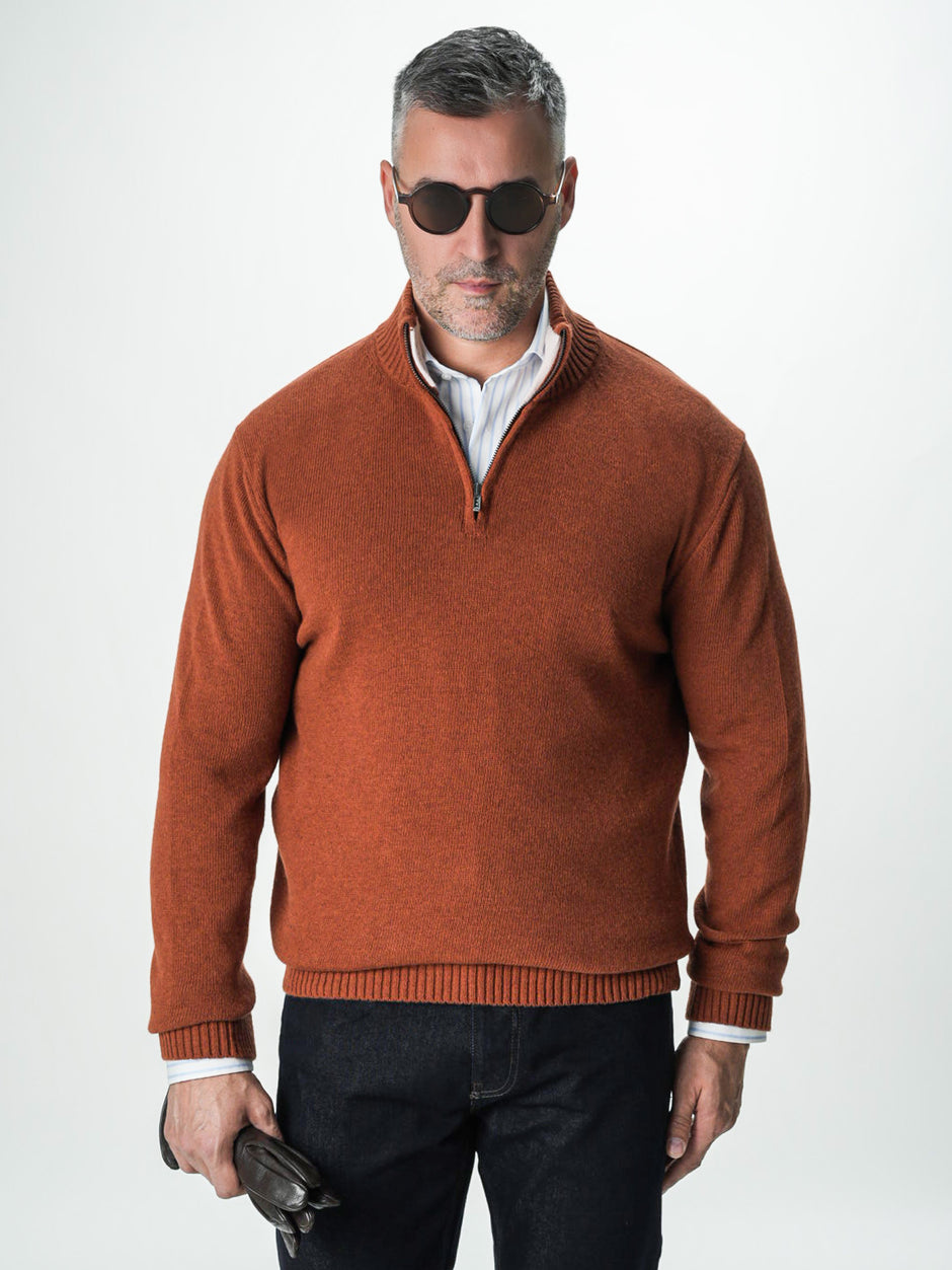 Pulover Caramiziu Barbati 100% Lana Lambswool Cu Fermoar BMan0027 (8)