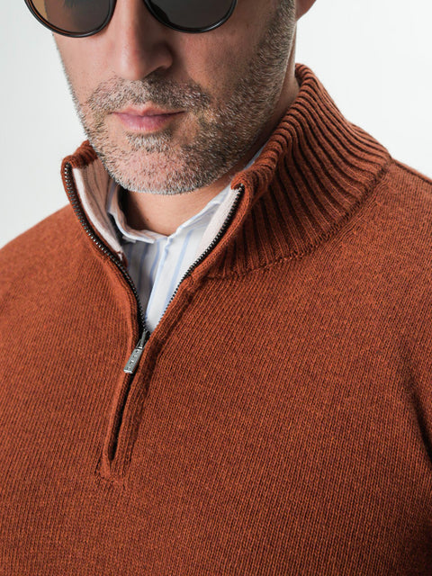 Pulover Caramiziu Barbati 100% Lana Lambswool Cu Fermoar BMan0027