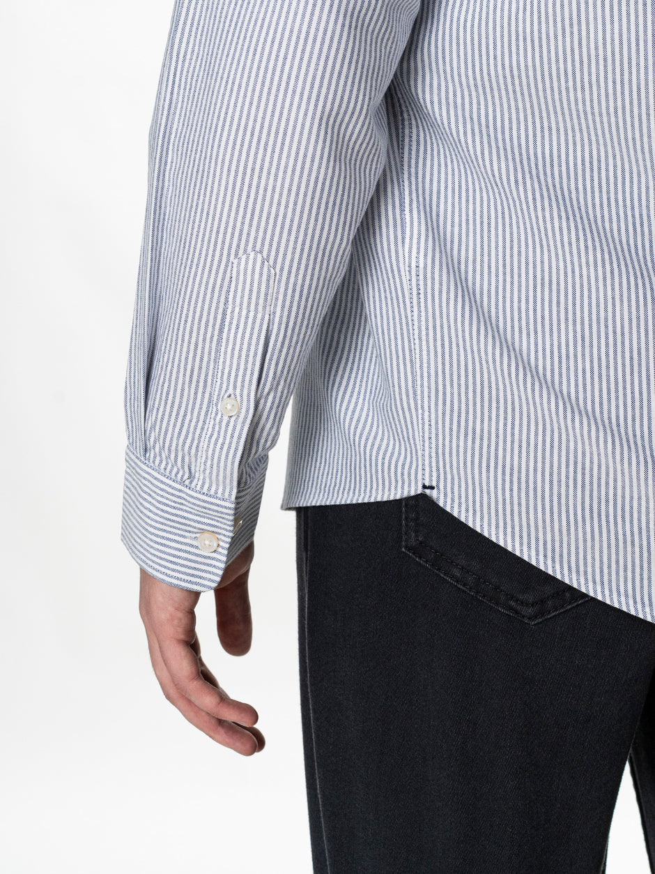 Camasa Alba cu Dungi Bleumarin Barbati Oversized Fit 100% Bumbac BMan0500 (8)