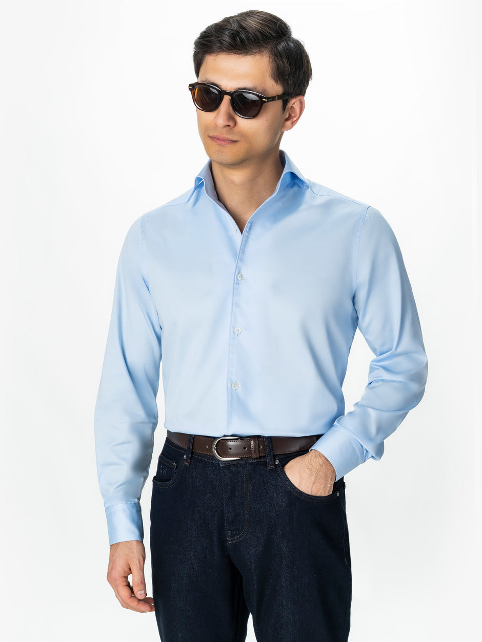 Camasa Barbati Bleu Bumbac Stretch Guler One Piece Spread BMan0404 (1)