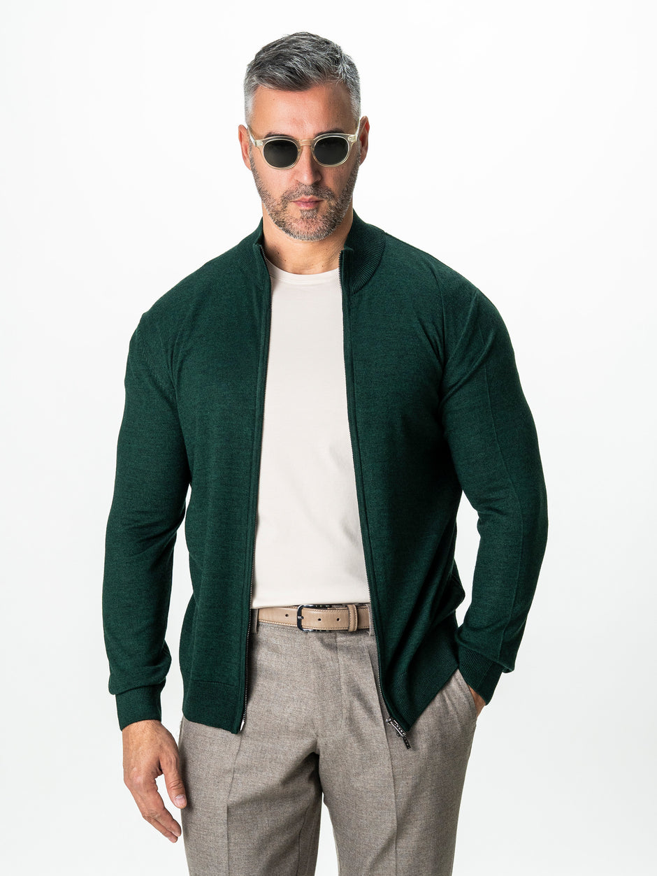 Pulover Cu Fermoar Lung Barbati Verde Din Lana Merinos Falco BMan0005 (4)