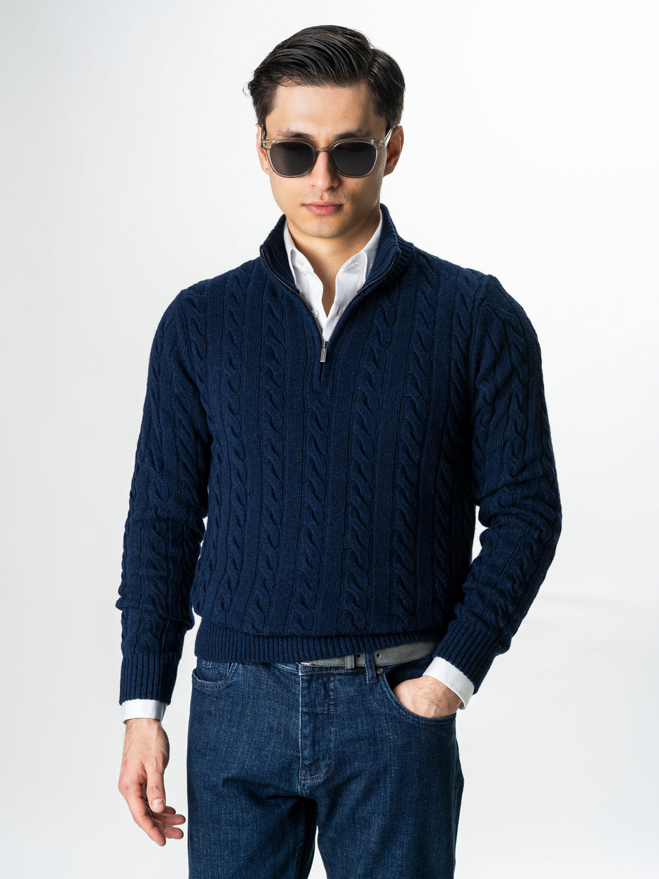 Pulover Barbati Torsade Bleumarin Cu Fermoar 100% Lana Lambswool BMan0034 (4)