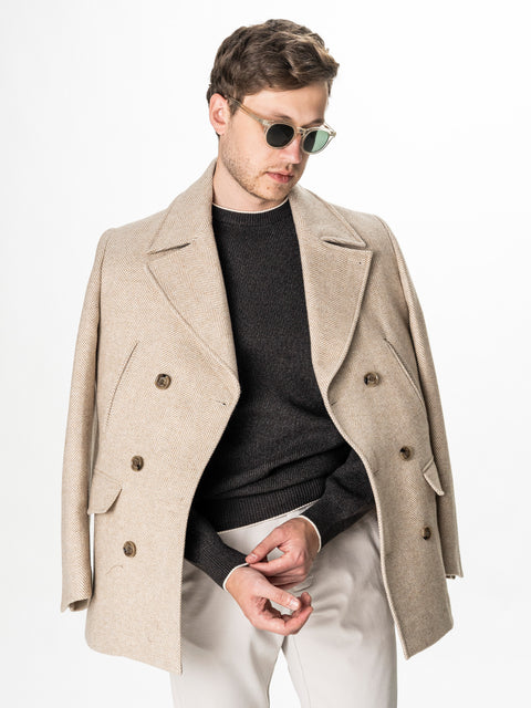 Palton Scurt Barbati Crem Herringbone din Lana BMan0010