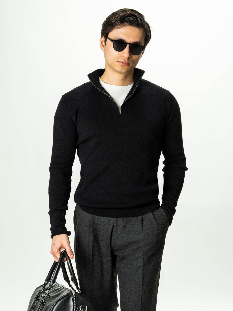 Pulover Barbati Negru Cu Fermoar 100% Bumbac BMan0002 (1)