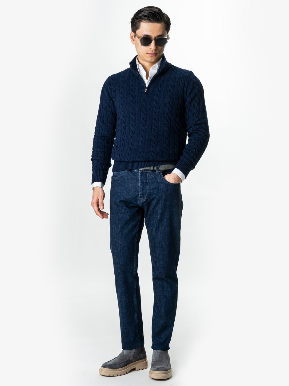 Pulover Barbati Torsade Bleumarin Cu Fermoar 100% Lana Lambswool BMan0034 (5)