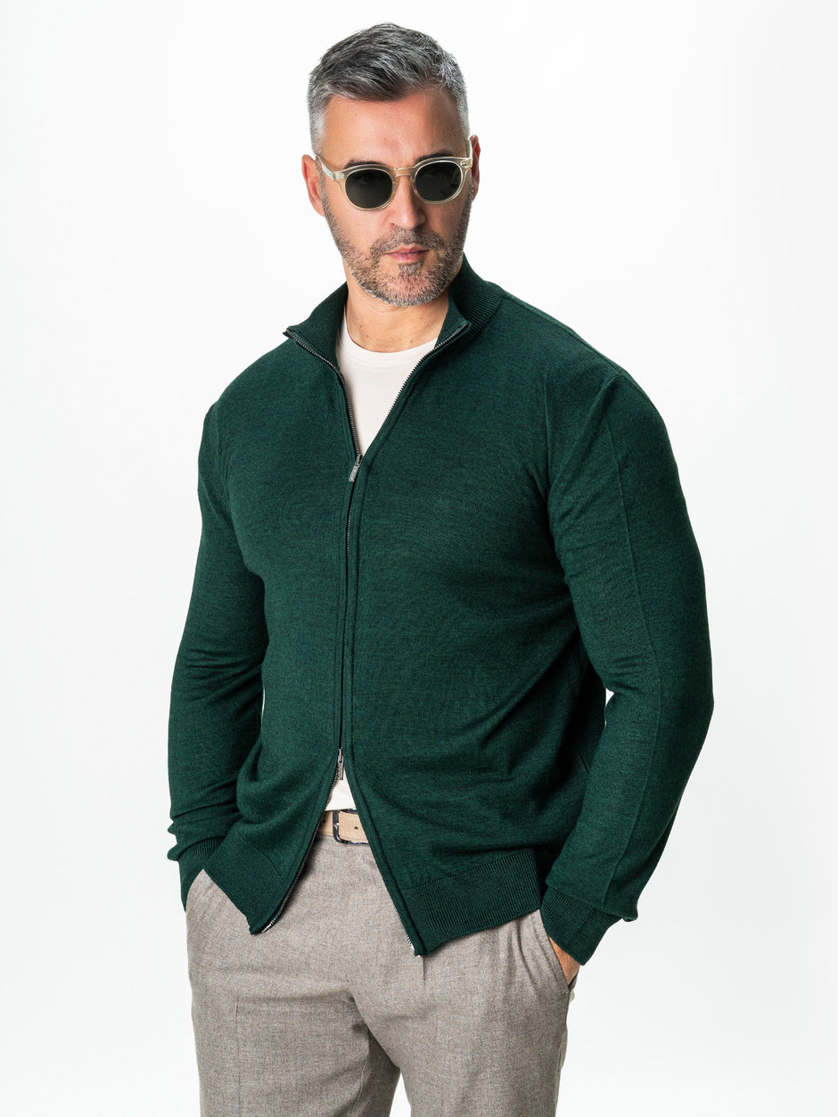 Pulover Cu Fermoar Lung Barbati Verde Din Lana Merinos Falco BMan0005 (2)