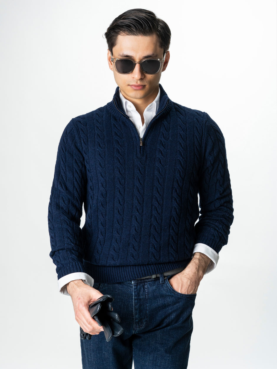 Pulover Barbati Torsade Bleumarin Cu Fermoar 100% Lana Lambswool BMan0034 (6)