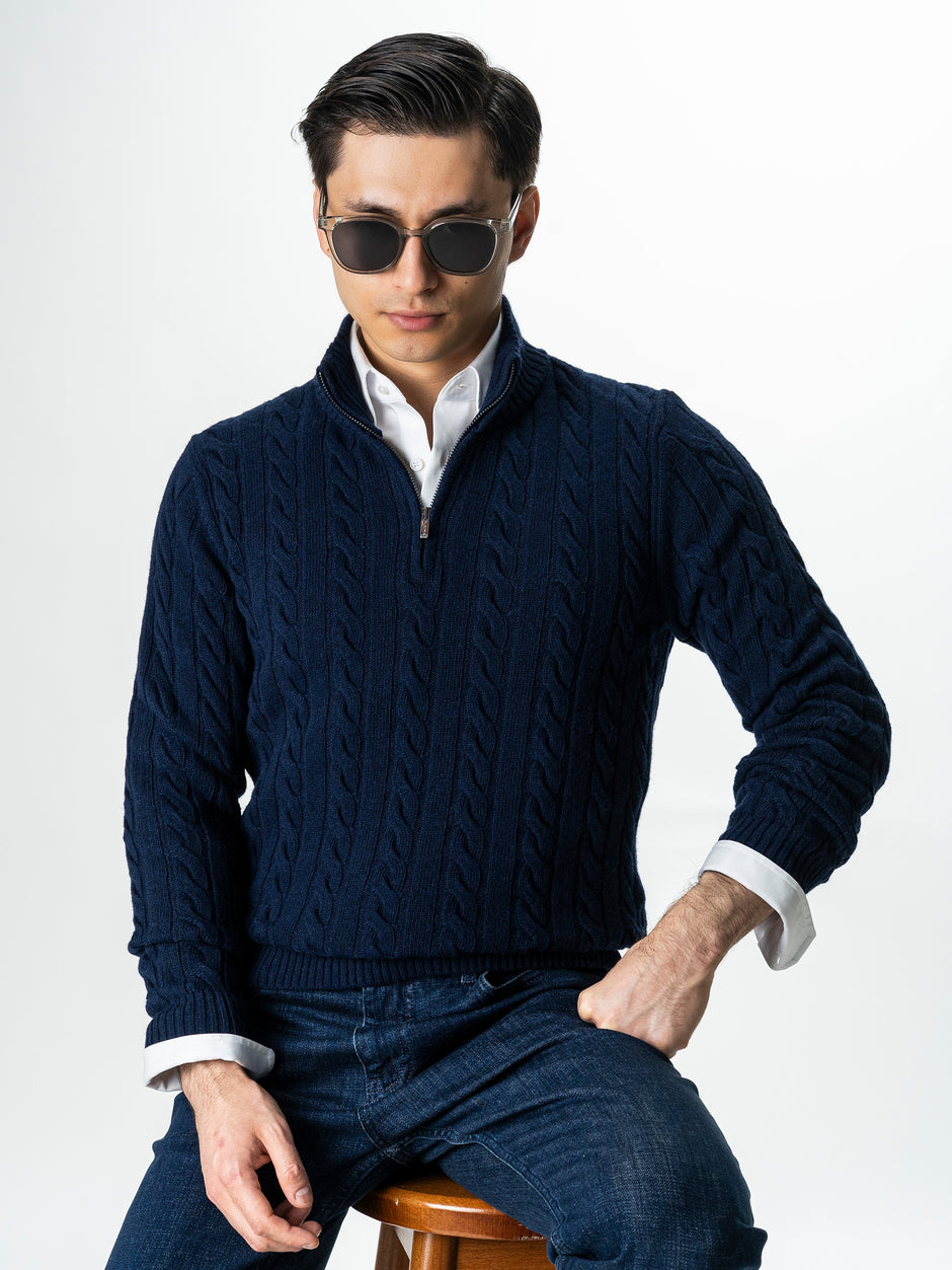 Pulover Barbati Torsade Bleumarin Cu Fermoar 100% Lana Lambswool BMan0034 (1)