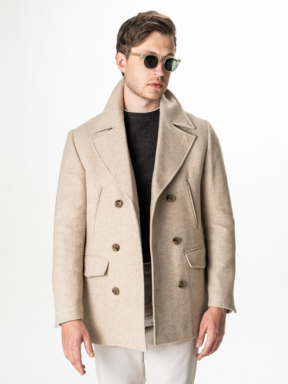 Palton Scurt Barbati Crem Herringbone din Lana BMan0010 (11)