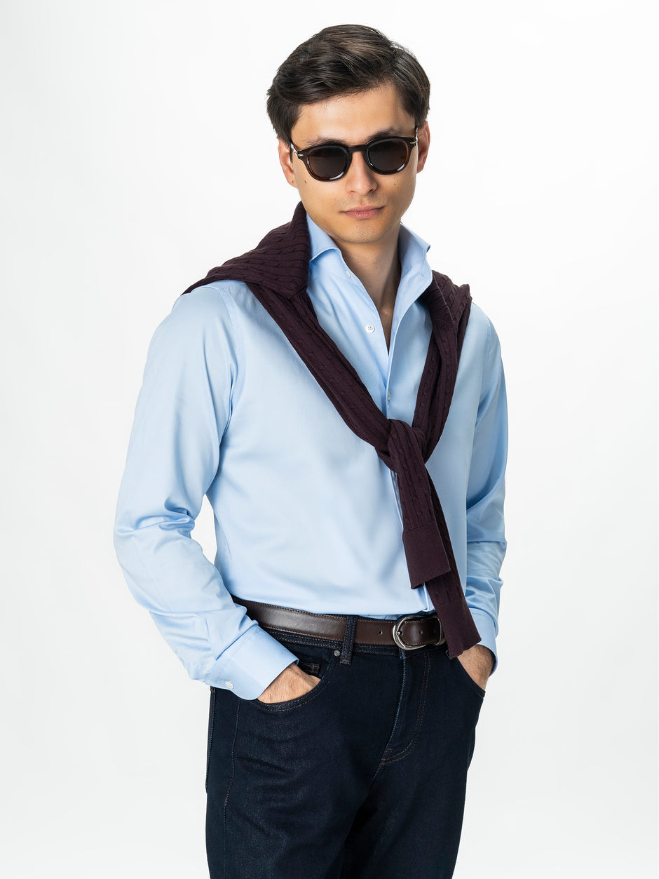 Camasa Barbati Bleu Bumbac Stretch Guler One Piece Spread BMan0404 (4)