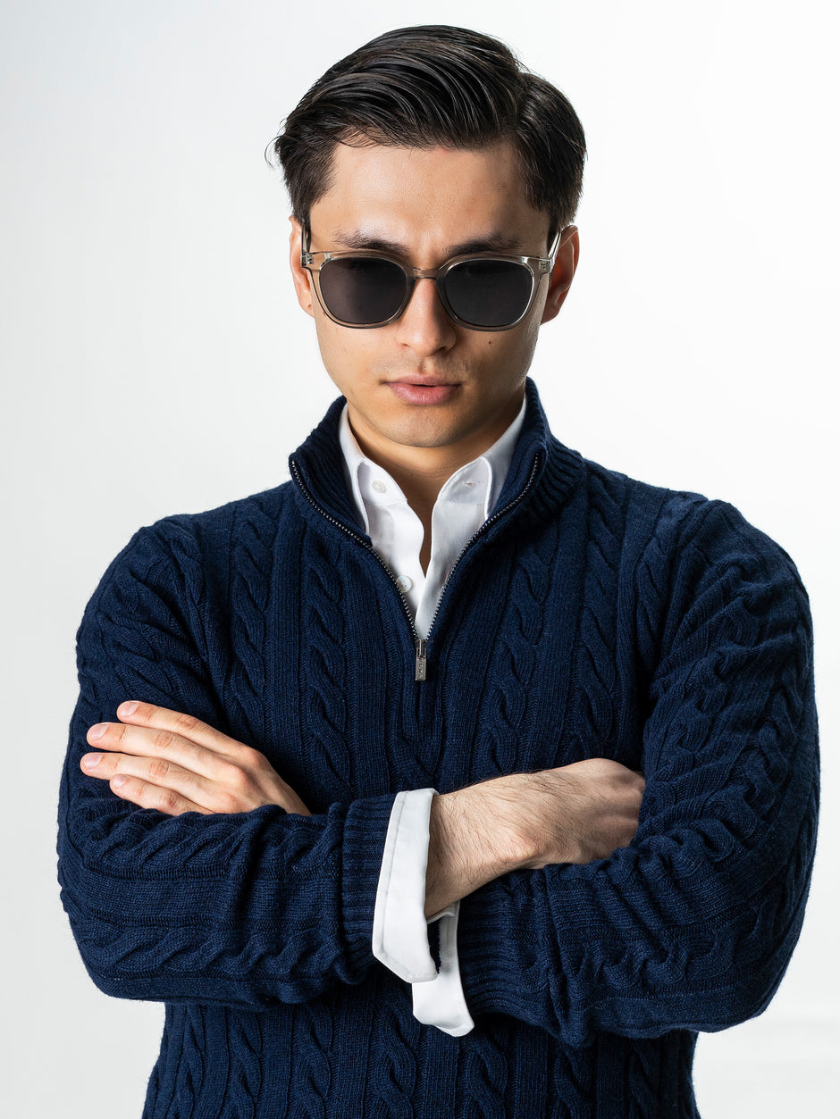 Pulover Barbati Torsade Bleumarin Cu Fermoar 100% Lana Lambswool BMan0034 (3)