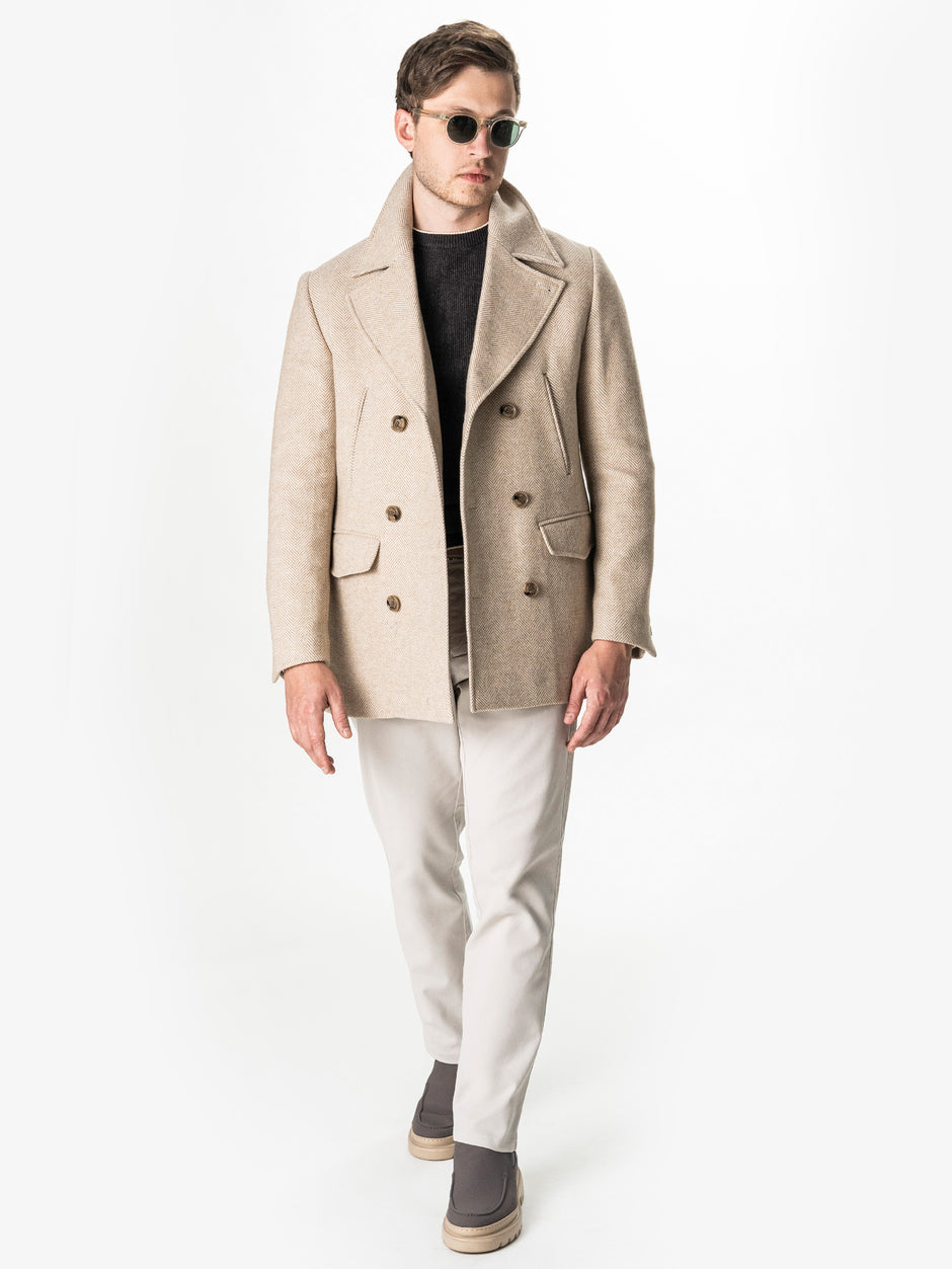 Palton Scurt Barbati Crem Herringbone din Lana BMan0010 (2)