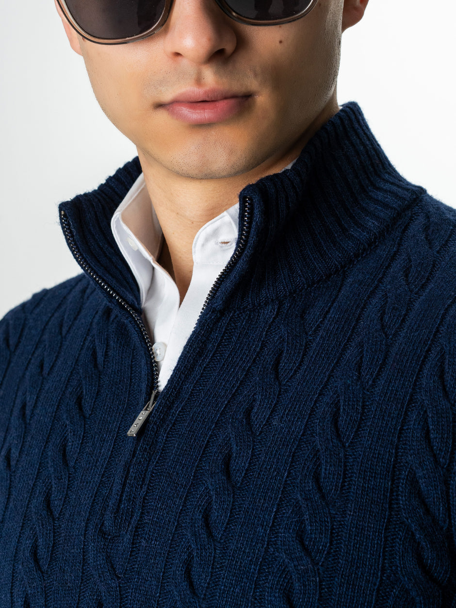 Pulover Barbati Torsade Bleumarin Cu Fermoar 100% Lana Lambswool BMan0034 (7)
