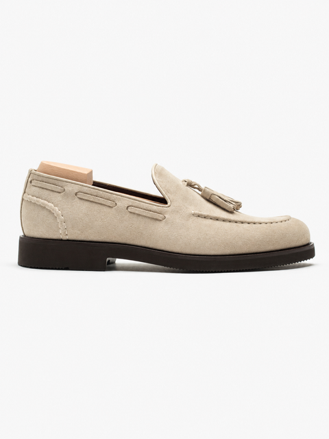 Mocasini Barbati Tassel Loafers Crem Din Piele Intoarsa Vita BMan216