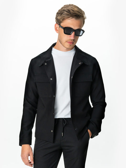 Jacheta Neagra Barbati Tip Overshirt Toamna Guler Camp Buzunare Tip Clapă BMan0223 (1)
