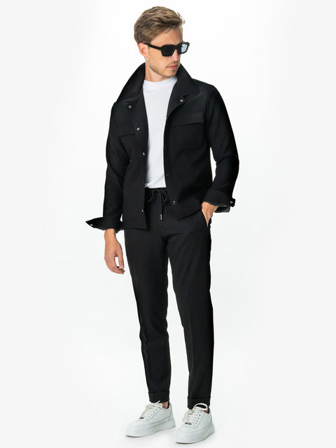 Jacheta Neagra Barbati Tip Overshirt Toamna Guler Camp Buzunare Tip Clapă BMan0223 (2)