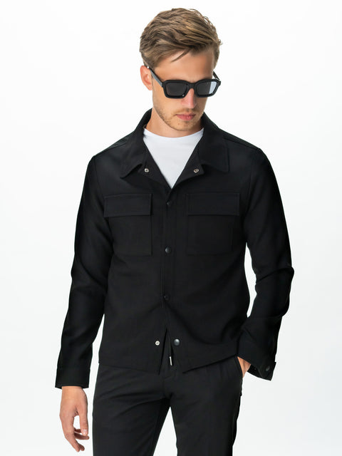 Jacheta Neagra Barbati Tip Overshirt Toamna Guler Camp Buzunare Tip Clapă BMan0223 (4)
