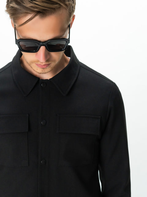 Jacheta Neagra Barbati Tip Overshirt Toamna Guler Camp Buzunare Tip Clapă BMan0223 (3)