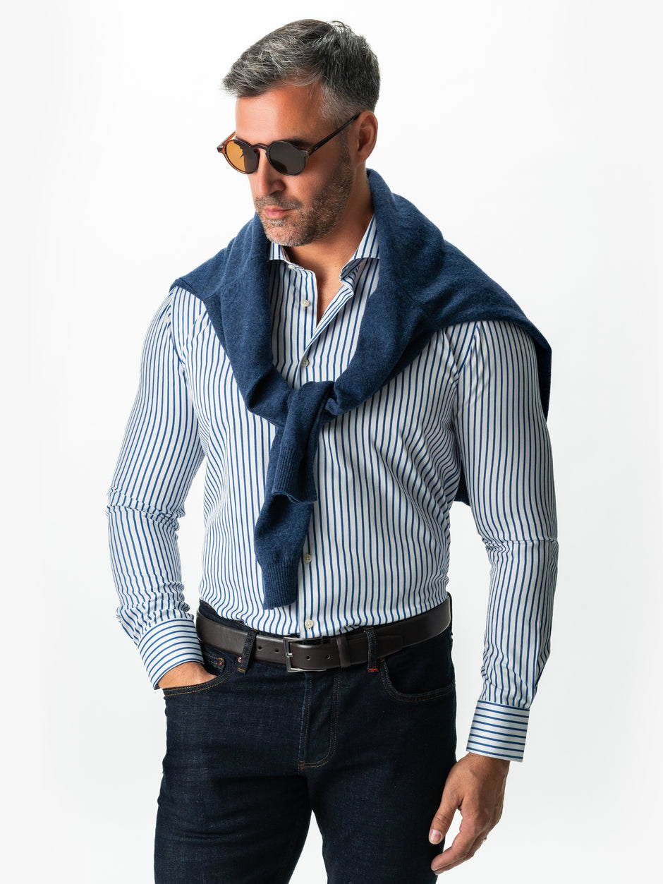 Camasa Bumbac Bărbați Office Alba În Dungi Subtiri Albastru Marine Smart Casual & Eleganta BMan0015 (1)