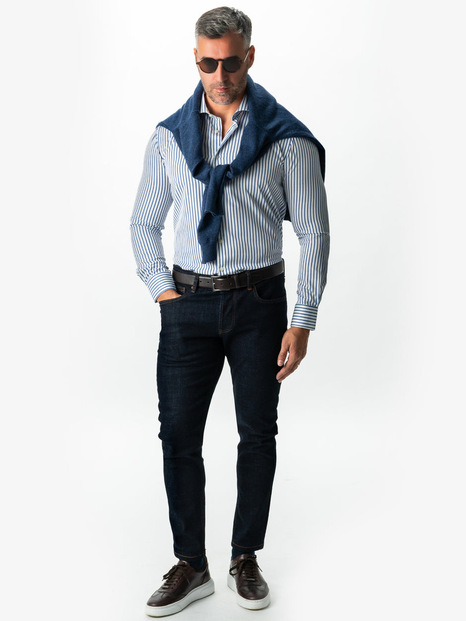 Camasa Bumbac Bărbați Office Alba În Dungi Subtiri Albastru Marine Smart Casual & Eleganta BMan0015 (7)